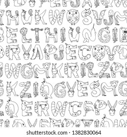 Pattern kids fabric, textile, nursery wallpaper. Language learning. Animal alphabet. Letters from A to Z. Flamingo, giraffe, horse, alligator, bear, cat, dog, elephant.