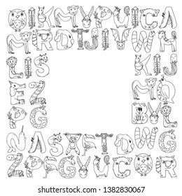 Pattern kids fabric, textile, nursery wallpaper. Language learning. Animal alphabet. Letters from A to Z. Flamingo, giraffe, horse, alligator, bear, cat, dog, elephant.