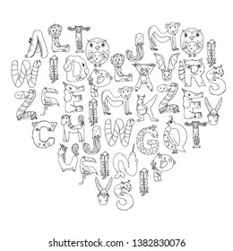 Pattern kids fabric, textile, nursery wallpaper. Language learning. Animal alphabet. Letters from A to Z. Flamingo, giraffe, horse, alligator, bear, cat, dog, elephant.