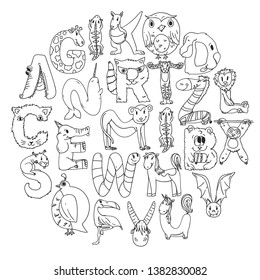 Pattern kids fabric, textile, nursery wallpaper. Language learning. Animal alphabet. Letters from A to Z. Flamingo, giraffe, horse, alligator, bear, cat, dog, elephant.