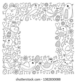 Pattern kids fabric, textile, nursery wallpaper. Vector illustration. Hand drawn singing birds and flowers for little children.
