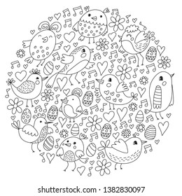 Pattern kids fabric, textile, nursery wallpaper. Vector illustration. Hand drawn singing birds and flowers for little children.