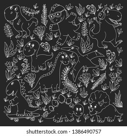 Pattern kids fabric, textile, nursery wallpaper. Vector illustration. Hand drawn dinosaurs, dino for little children.