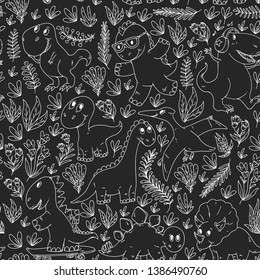 Pattern kids fabric, textile, nursery wallpaper. Vector illustration. Hand drawn dinosaurs, dino for little children.