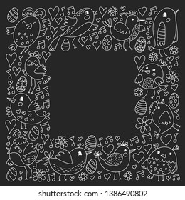 Pattern kids fabric, textile, nursery wallpaper. Vector illustration. Hand drawn singing birds and flowers for little children.