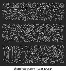 Pattern kids fabric, textile, nursery wallpaper. Vector illustration. Hand drawn singing birds and flowers for little children.
