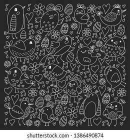 Pattern kids fabric, textile, nursery wallpaper. Vector illustration. Hand drawn singing birds and flowers for little children.