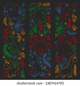 Pattern kids fabric, textile, nursery wallpaper. Vector illustration. Hand drawn dinosaurs, dino for little children.
