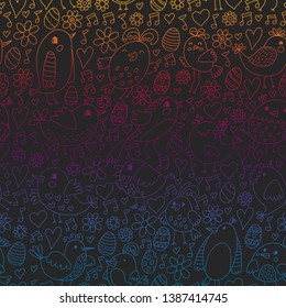 Pattern kids fabric, textile, nursery wallpaper. Vector illustration. Hand drawn singing birds and flowers for little children.