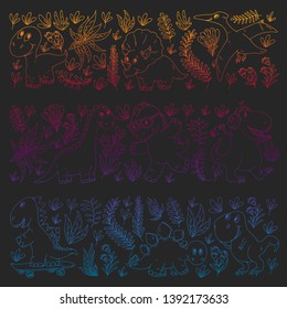 Pattern kids fabric, textile, nursery wallpaper. Vector illustration. Hand drawn dinosaurs, dino for little children.