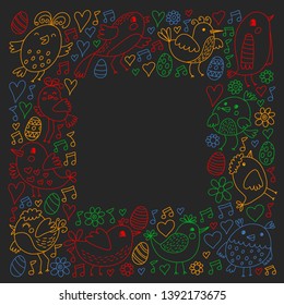 Pattern kids fabric, textile, nursery wallpaper. Vector illustration. Hand drawn singing birds and flowers for little children.