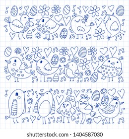 Pattern kids fabric, textile, nursery wallpaper. Vector illustration. Hand drawn singing birds and flowers for little children.
