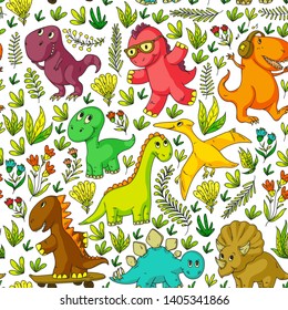 Pattern kids fabric, textile, nursery wallpaper. Vector illustration. Hand drawn dinosaurs, dino for little children.