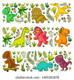 Pattern kids fabric, textile, nursery wallpaper. Vector illustration. Hand drawn dinosaurs, dino for little children.