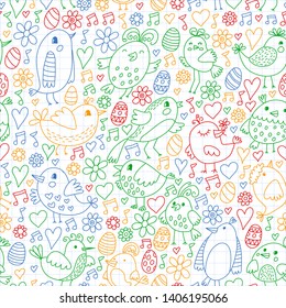 Pattern kids fabric, textile, nursery wallpaper. Vector illustration. Hand drawn singing birds and flowers for little children.