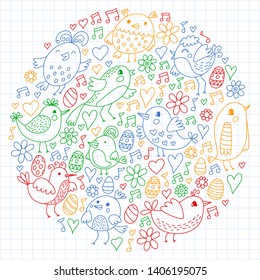 Pattern kids fabric, textile, nursery wallpaper. Vector illustration. Hand drawn singing birds and flowers for little children.