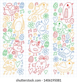 Pattern kids fabric, textile, nursery wallpaper. Vector illustration. Hand drawn singing birds and flowers for little children.