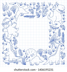 Pattern kids fabric, textile, nursery wallpaper. Vector illustration. Hand drawn dinosaurs, dino for little children.