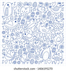 Pattern kids fabric, textile, nursery wallpaper. Vector illustration. Hand drawn singing birds and flowers for little children.