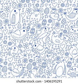 Pattern kids fabric, textile, nursery wallpaper. Vector illustration. Hand drawn singing birds and flowers for little children.