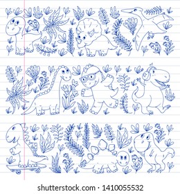 Pattern kids fabric, textile, nursery wallpaper. Vector illustration. Hand drawn dinosaurs, dino for little children.