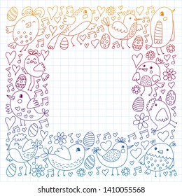 Pattern kids fabric, textile, nursery wallpaper. Vector illustration. Hand drawn singing birds and flowers for little children.