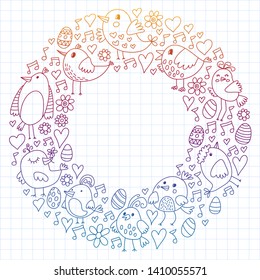 Pattern kids fabric, textile, nursery wallpaper. Vector illustration. Hand drawn singing birds and flowers for little children.