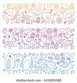 Pattern kids fabric, textile, nursery wallpaper. Vector illustration. Hand drawn singing birds and flowers for little children.