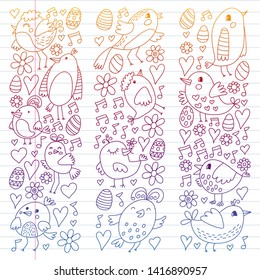 Pattern kids fabric, textile, nursery wallpaper. Vector illustration. Hand drawn singing birds and flowers for little children.
