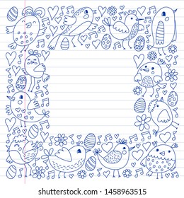 Pattern kids fabric, textile, nursery wallpaper. Vector illustration. Hand drawn singing birds and flowers for little children.