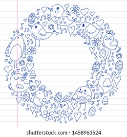 Pattern kids fabric, textile, nursery wallpaper. Vector illustration. Hand drawn singing birds and flowers for little children.