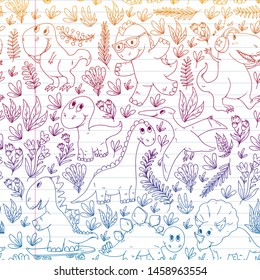 Pattern kids fabric, textile, nursery wallpaper. Vector illustration. Hand drawn dinosaurs, dino for little children.