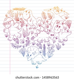Pattern kids fabric, textile, nursery wallpaper. Vector illustration. Hand drawn dinosaurs, dino for little children.
