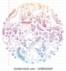 Pattern kids fabric, textile, nursery wallpaper. Vector illustration. Hand drawn dinosaurs, dino for little children.