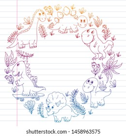 Pattern kids fabric, textile, nursery wallpaper. Vector illustration. Hand drawn dinosaurs, dino for little children.