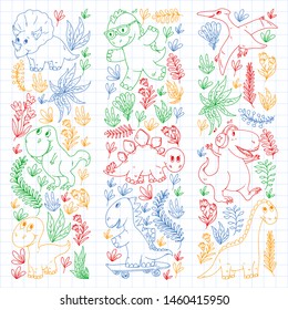 Pattern kids fabric, textile, nursery wallpaper. Vector illustration. Hand drawn dinosaurs, dino for little children.