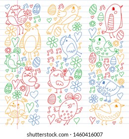 Pattern kids fabric, textile, nursery wallpaper. Vector illustration. Hand drawn singing birds and flowers for little children.