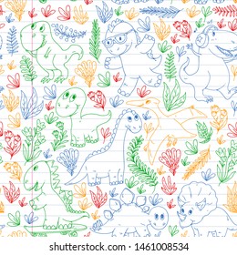 Pattern kids fabric, textile, nursery wallpaper. Vector illustration. Hand drawn dinosaurs, dino for little children.