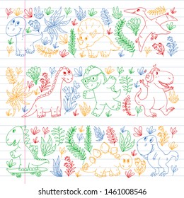 Pattern kids fabric, textile, nursery wallpaper. Vector illustration. Hand drawn dinosaurs, dino for little children.