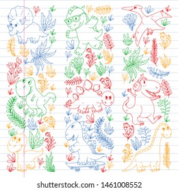 Pattern kids fabric, textile, nursery wallpaper. Vector illustration. Hand drawn dinosaurs, dino for little children.