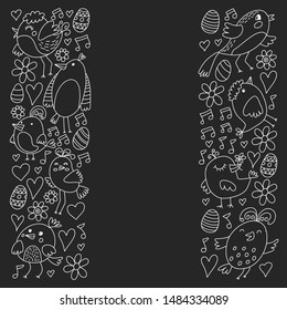 Pattern kids fabric, textile, nursery wallpaper. Vector illustration. Hand drawn singing birds and flowers for little children.