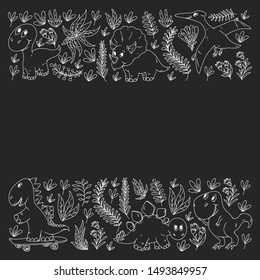 Pattern kids fabric, textile, nursery wallpaper. Vector illustration. Hand drawn dinosaurs, dino for little children.