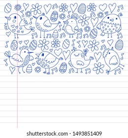 Pattern kids fabric, textile, nursery wallpaper. Vector illustration. Hand drawn singing birds and flowers for little children.