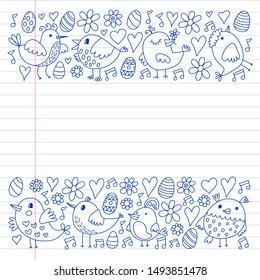 Pattern kids fabric, textile, nursery wallpaper. Vector illustration. Hand drawn singing birds and flowers for little children.