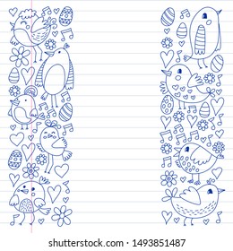 Pattern kids fabric, textile, nursery wallpaper. Vector illustration. Hand drawn singing birds and flowers for little children.
