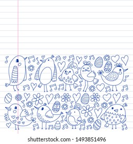 Pattern kids fabric, textile, nursery wallpaper. Vector illustration. Hand drawn singing birds and flowers for little children.