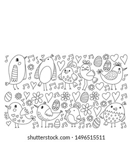 Pattern kids fabric, textile, nursery wallpaper. Vector illustration. Hand drawn singing birds and flowers for little children.