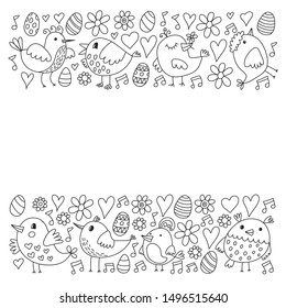 Pattern kids fabric, textile, nursery wallpaper. Vector illustration. Hand drawn singing birds and flowers for little children.