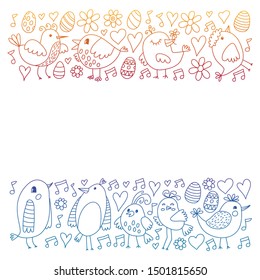 Pattern kids fabric, textile, nursery wallpaper. Vector illustration. Hand drawn singing birds and flowers for little children.