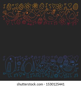 Pattern kids fabric, textile, nursery wallpaper. Vector illustration. Hand drawn singing birds and flowers for little children.
